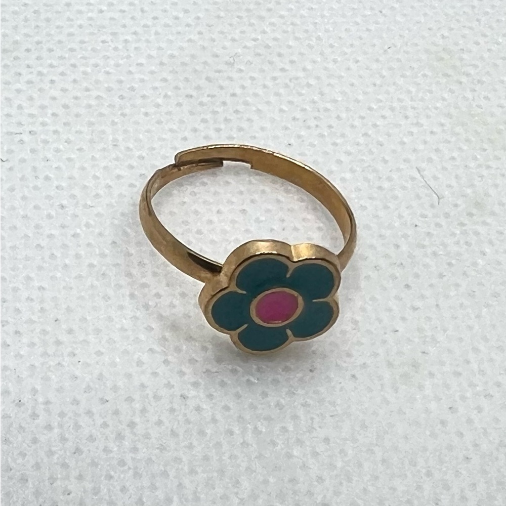 Flower Ring Adjustable Gold Tone‎ Teal Pink Enamel Cute Fun Girls Costume